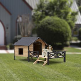 Outdoor Large Wooden Cabin House Style Wooden Dog Kennel with Porch (Color: as Pic)